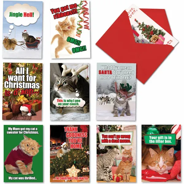 NobleWorks Variety Pack of 10 Christmas Greeting Cards with Envelopes, Cartoon, Humor Holiday Assortment for Men and Women - Petigreet Cats A5559XSG-B1x10