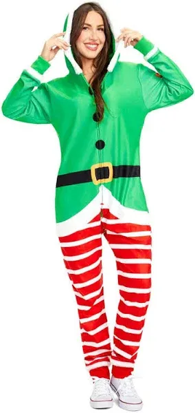 Tipsy Elves Adult Fleece Jumpsuit Sz Small Elf PJ Costume Hooded Zip Pajamas NWT