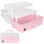 3 Layers Plastic Portable Storage Box, Multipurpose Organizer and Storage Case for Art Craft and Cosmetic, Portable Handled Storage Box for Home, School, Office, First Aids (Pink)