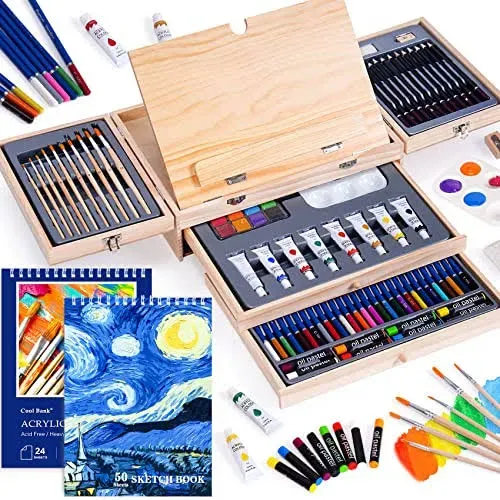 Art Set 85 Piece with Built-in Wooden Easel, 2 Drawing Pad, Art Wood with Easel