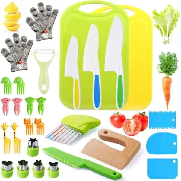 Kids Kitchen Knife Tools Toddlers Wood Safe Knife Kit Kitchen Tools for Real Cooking with Plastic Kids Safe Knives Crinkle Cutter Toddle Cutting Boards