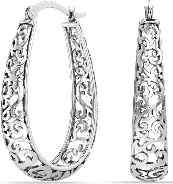 Charmsy 925 Sterling Silver Hoop Earrings | Women's Filigree Hoop Earrings | Openwork Mesh Filigree Cut Earrings | Lightweight Hypoallergenic Vintage Hoop Earrings for Women