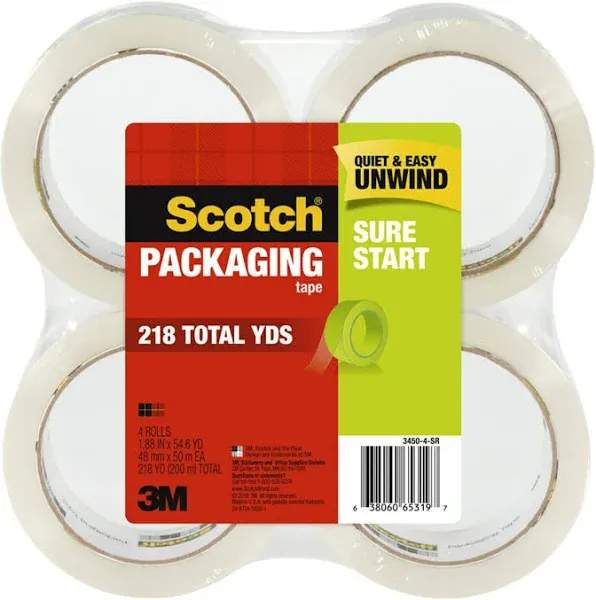 Scotch Sure Start Packaging Tape, 1.88" x 54.6 yds - 8 pack