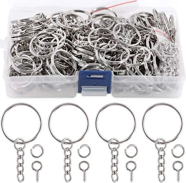 Swpeet 450Pcs 1" 25mm Key Chain Rings Kit, Including 150Pcs Keychain Rings with Chain and 150Pcs Jump Ring with 150Pcs Screw Eye Pins Bulk