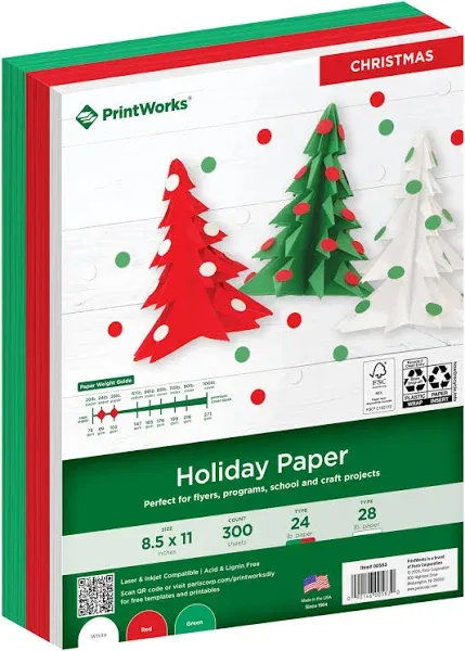 Printworks Holiday Paper, Includes White, Red and Green Paper, 8 ½” x 11”, 300 Sheets (00583)