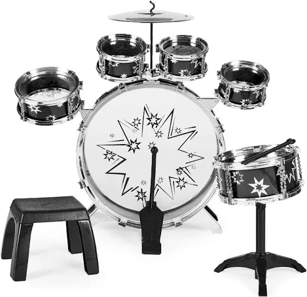 11-Piece Kids Starter Drum Set w/ Bass Drum, Tom Drums, Snare, Cymbal, Stool,