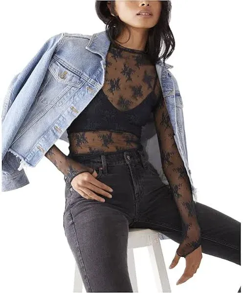 Free People Lady Lux Jacquard Sheer Mock Neck Long Sleeve Layering Top