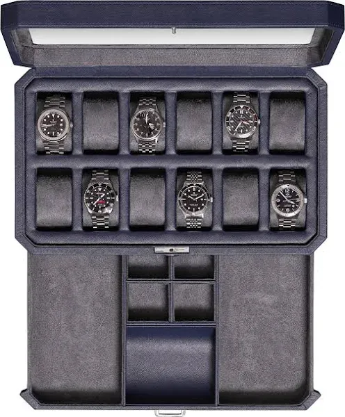 Rothwell 12 Slot Leather Watch Box with Valet Drawer &amp; Locked Drawer