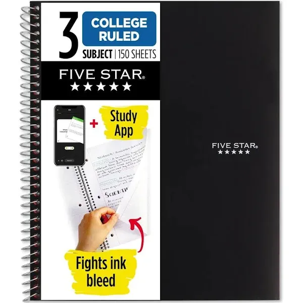 Five Star® 3-Subject Notebook, 8-1/2" x 11-1/2", Black (MEA72069)