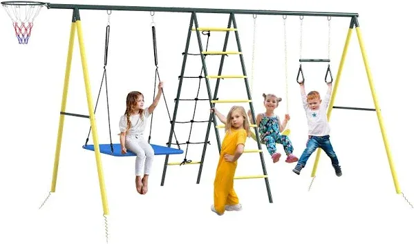 Outsunny Metal Swing Set for Backyard 5 in 1 Design with Nest Swing, Basketball Hoop, Seat, Gym Rings, Climbing Net and Ladder for Ages 3-8, Yellow