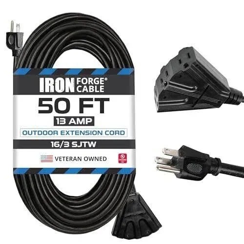 50 Ft Black Extension Cord with 3 Outlet, 16/3 Weatherproof 50’ Outdoor Exten...