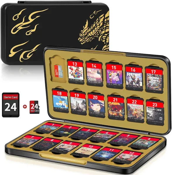 Switch Game Case Holder with 24 Cartridge Slots and 24 Micro SD Card Storage, Slim Portable Game Organizer Traveler Gift Accessories with Magnetic Closure, Protective Hard Shell and Soft Lining