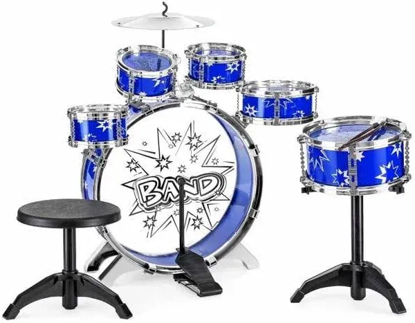 Best Choice Products 11-Piece Kids Beginner Drum Kit, Musical Instrument Toy Drum Set for Music Practice w/Bass, Toms, Snare, Cymbal, Stool, Stand Drumsticks - Blue