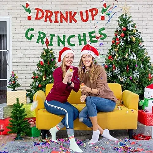 Drink Up Grinches Banner, Glittery Christmas Decorations Banners Winter Holid...