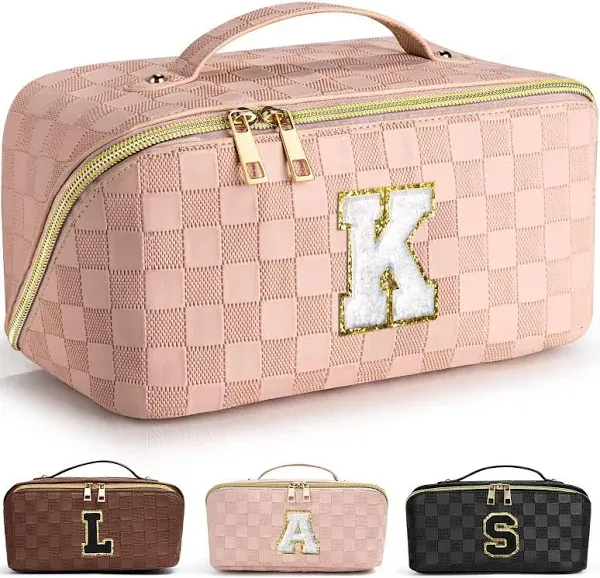 Initial Makeup Bag Personalized Checkered Cosmetic Bag Travel Make Up Bags Po...