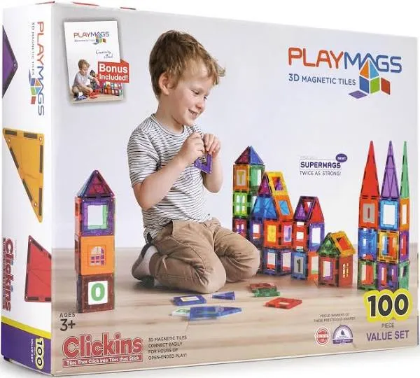 Playmags 100-Piece Magnetic Tiles Building Blocks Set, 3D Magnet Tiles for Kids Boys Girls, Educational STEM Toys for Toddlers…