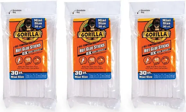 Gorilla Hot Glue Sticks, Mini Size, 4" Long x .27" Diameter, 30 Count, Clear, (Pack of 4)