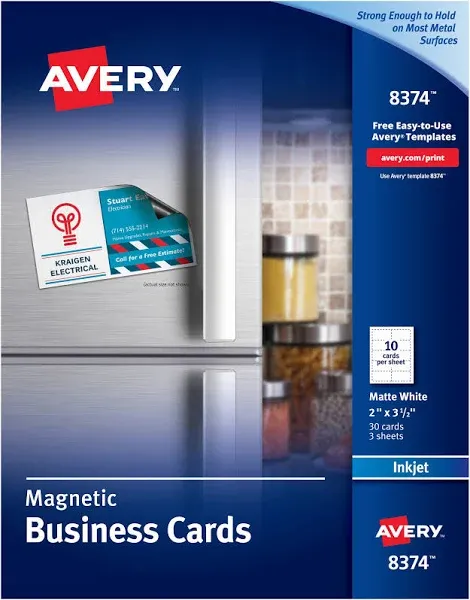 Avery Magnetic Printable Business Cards, 2" x 3.5", Matte White, 30 Blank Cards for Inkjet Printers (8374)