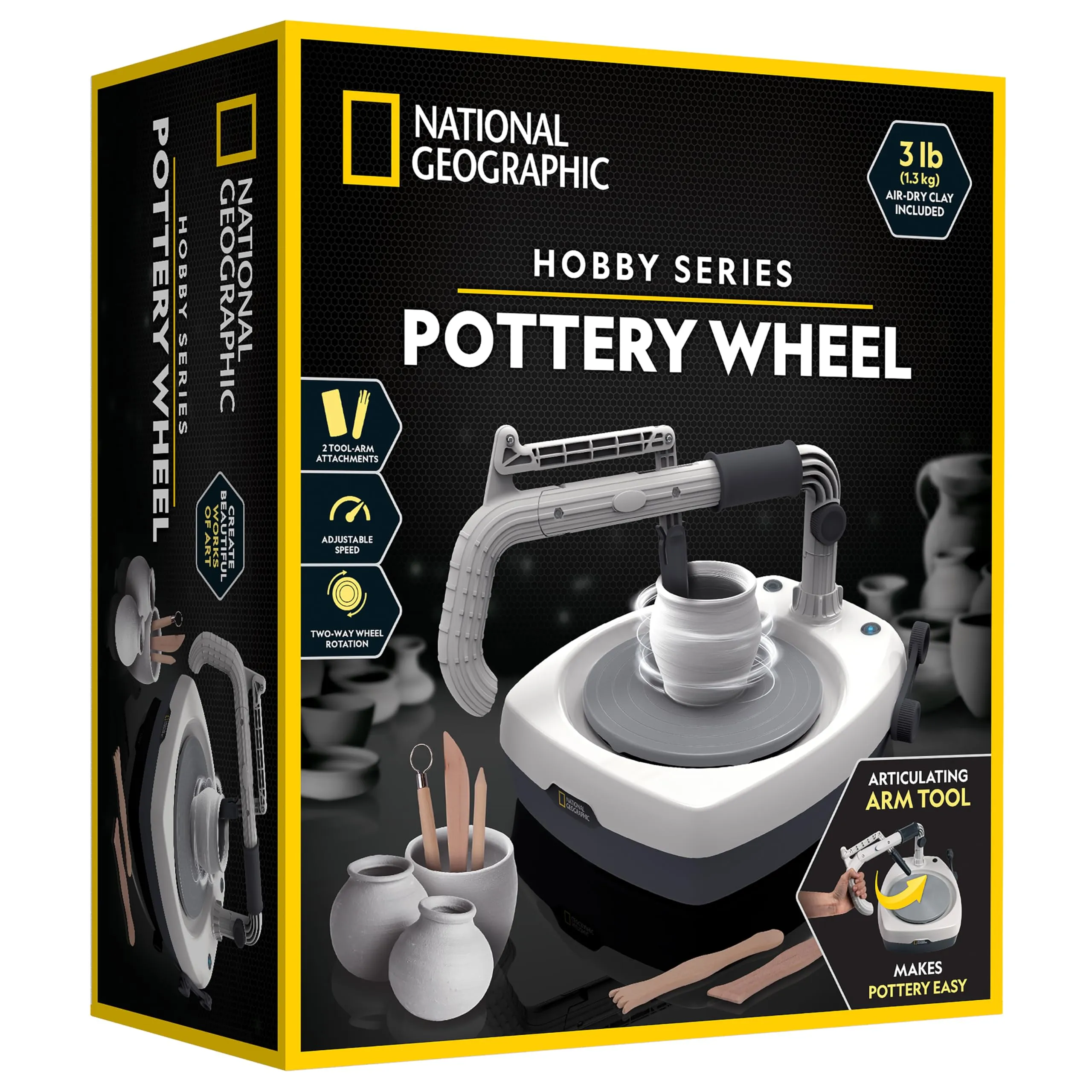 National Geographic Hobby Pottery Wheel Kit - 8" Variable Speed Pottery Wheel for Adults & Teens with Innovative Arm Tool, 3 lb Air Dry Clay & Art