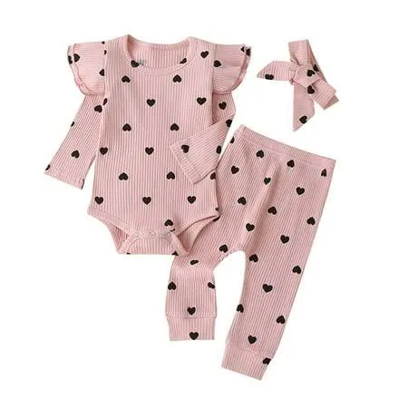 Fullfamous Baby Girl's 3PC Rib Frill Long Sleeve Romper and Pant Set