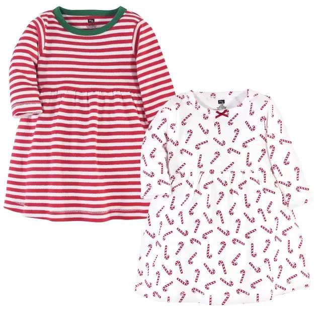 Hudson Baby Infant and Toddler Girl Long-Sleeve Cotton Dresses 2pk, Candy Cane, 4 Toddler