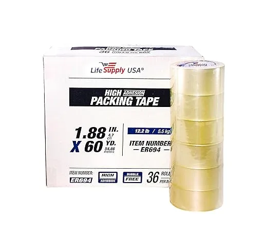 LifeSupplyUSA 36 Rolls Heavy Duty Packing Tape 1.88" x 60 Yards 2.0 mil - Transparent - Bubble Free, Adhesive, for Shipping/Moving/Storage/Box Carton Packaging Seal