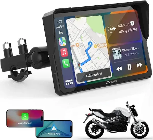 Carpuride W702 for Motorcycle, 7 inch Waterproof Touchscreen, Portable Carplay/Android Auto GPS Navigation for Motorbike, Support Dual Bluetooth, Car GPS, Siri, G00gle Assistant, TF-64G