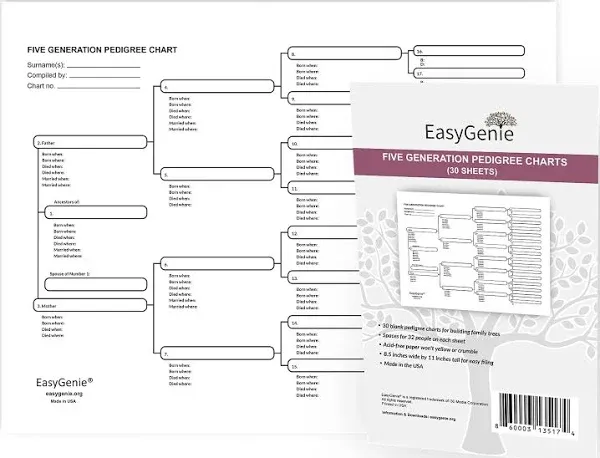 EASYGENIE Five Generation Pedigree Charts (30 Acid-Free Sheets, 8.5 by 11 inc...