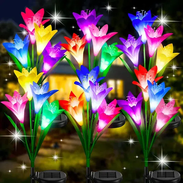 Solar Outdoor Lights Garden Decor, 6 Pack Upgraded Solar LED Flower Lights with 24 Bigger Lily Flower Lamp, 7 Color Changing Waterproof Solar Lights Outdoor for Garden Yard Decor, Gift