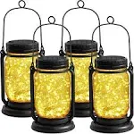 YJFWAL 4 Pack Hanging Solar Lantern Lights,Vintage Glass Mason Jar Solar Fairy Lights Outdoor Decorative Waterproof Table Lamp with Stakes for Patio