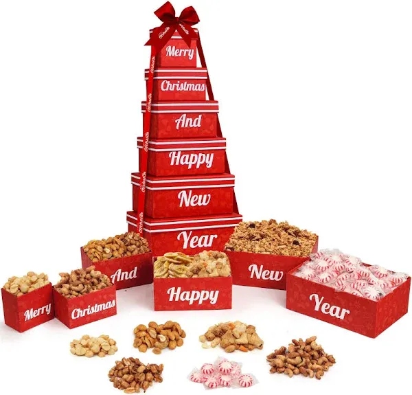 Merry Christmas and Happy New Year 6 Tier Indulgence Gift Basket Tower