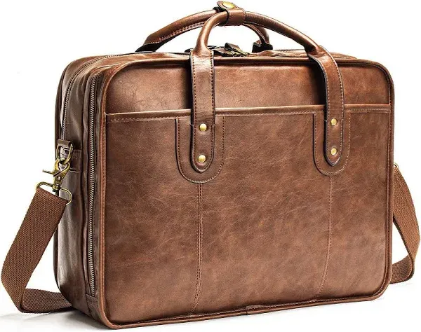 Bosidu Leather Briefcases for Men 15.6 Inch Business Computer Bag Laptop Bag for Men Water Resistance Vintage Large Capacity Travel Messenger Bag