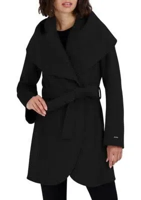 Tahari Double Face Wool Trench Coat Bow &amp; Tie Black Size Small NWT Jacket 