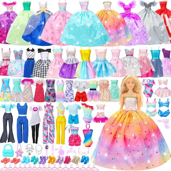 52 Pcs Doll Clothes and Accessories,2 Wedding Gowns 6 Fashion Dresses 2 Set C...