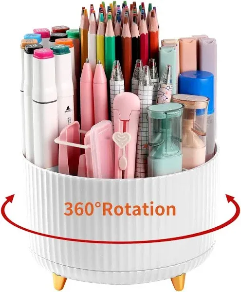 Desk Pencil Pen Holder, 5 Slots 360°Degree Rotating White 