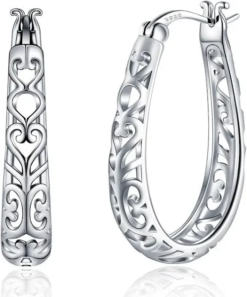 Sterling Silver High Polished Filigree Heart Fashion Oval Hoop Earrings for Wome