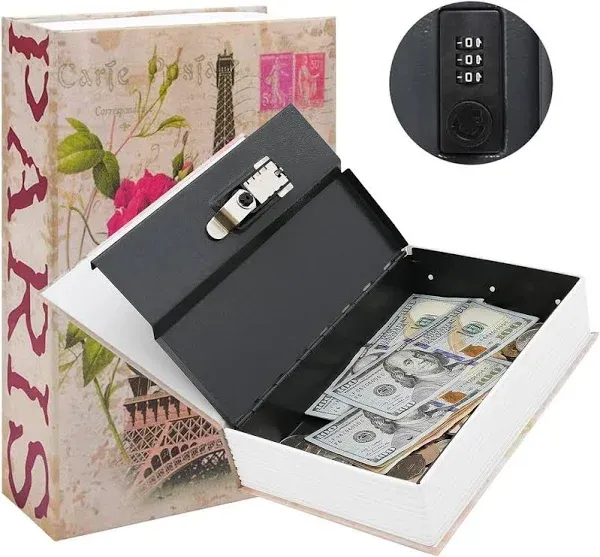 KYODOLED Diversion Book Safe with Combination Lock,Money Hiding Box,Safe Secret Hidden Metal Lock Box,Collection Box,9.5" x 6.2" x 2 .2",France