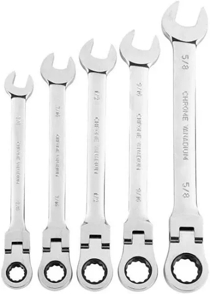 5PC Flex Head Ratchet Wrench Set, Durable CV Steel, Abrasion Resistant, Metric