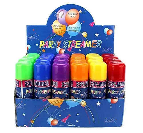 24 Pack of Party Streamer Spray String in a Can Children's Kid's Party Supplies, Perfect for Parties/Events