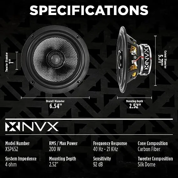 NVX XSP652 600W Peak (200W RMS) 6.5" X-Series 2-Way Coaxial Speakers with Carbon Fiber Cones and 1" Silk Dome Tweeters (Pair)