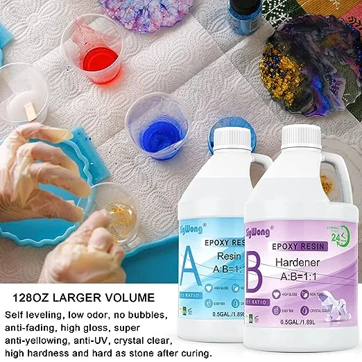 Epoxy Resin - 1 Gallon Crystal Clear Coating Kit, Not Yellowing No Bubble Easy Mix 1:1 Ratio, 2 Part Casting Resin for Art, Craft, Jewelry Making, River Tables, with Gold Foil Flakes, Glitter Flakes