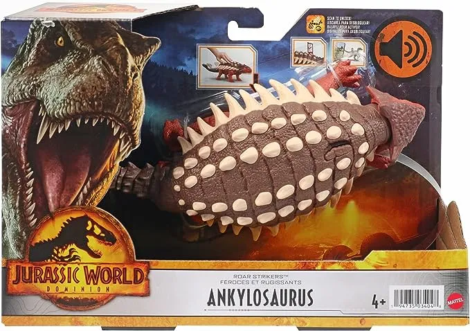 Jurassic World Dominion Roar Strikers Ankylosaurus - Figura de acción de dinosaurio con sonido rugiente y acción de ataque, juguete de regalo físico y juego digital