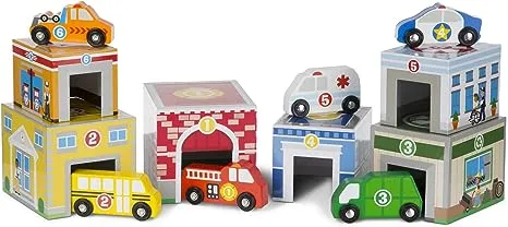 Melissa & Doug Nesting and Sorting Blocks - 6 Buildings, 6 Wooden Vehicles - FSC Certified