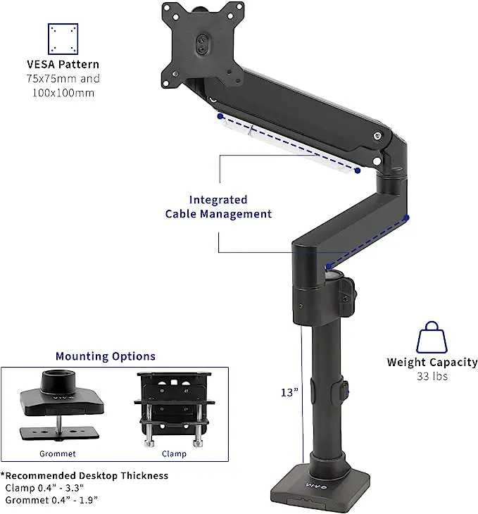 VIVO Premium Aluminum Extended Monitor Arm for Ultrawide Monitors up to 49 inches and 33 lbs, Single Desk Mount Stand, Pneumatic Height Adjusting, Max VESA 100x100, Black, STAND-V101GT