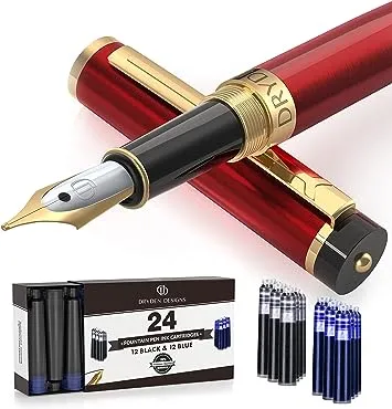 Dryden Designs Fountain Pen - Medium Nib | Includes 24 Ink Cartridges (12 Black 12 Blue) and Ink Refill Converter | Calligraphy Pen, Consistent Writing, Smooth Flow -Royal RedDryden Designs Fountain Pen - Medium Nib | Includes 24 Ink Cartridges (12 Black