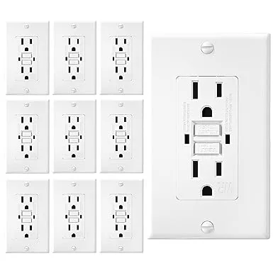 GFCI White Outlet Receptacle, Weather Resistant GFCI Outlet 15 Amp/125-Volt, Self-Test Function with LED Indicator 15 Amp GFCI Outlets, UL/cUL Listed, Wall Plate and Screws Included, 10 Pack