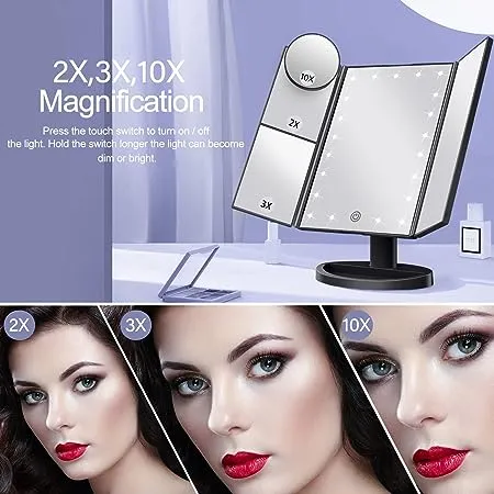 HUONUL Makeup Mirror Vanity with Lights, 2X 3X 10X Magnification, Lighted Mirror, Touch Control, Trifold Dual Power Supply, Portable LED Women Gift (Black)