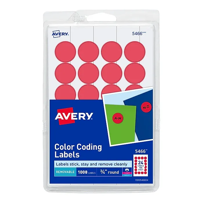 Avery Printable Removable Color Coding Label, Red, 3/4" - 1008 count