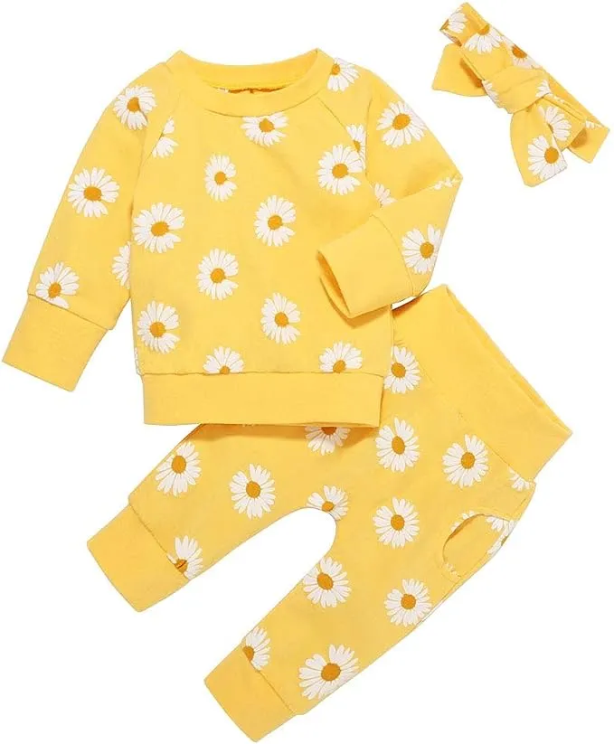 WHBFRG Baby Girl Clothes, 3 Pieces Long Sleeved Cute Toddler Infant Outfits Kids Tops and Pants Set