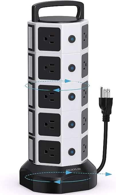 Power Strip Tower Surge Protector, JACKYLED 20 Outlets 6 USB (2 USB C) Charging Station, Extension Cord with Multiple Outlets, 1050J 1625W/13A Outlet Extender 6.5ft Extension Cord for Home Office